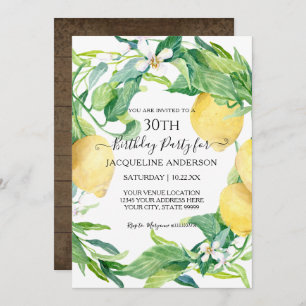 Lemon Citrus Floral Leaf Watercolor 30th Birthday Invitation