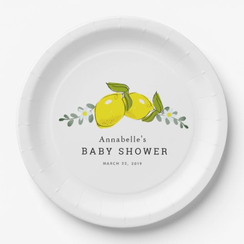 Lemon Citrus Floral White Baby Shower Paper Plate