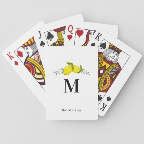 Lemon Citrus Floral White Monogram Playing Cards