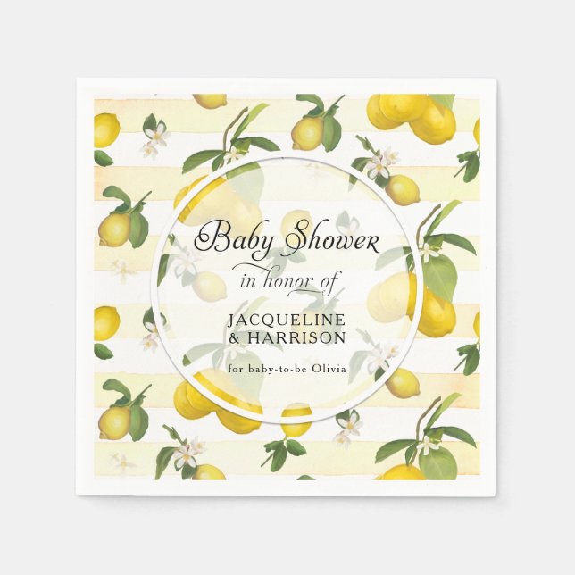 Lemon Citrus Flower Foliage Watercolor Baby Shower Napkins (Front)