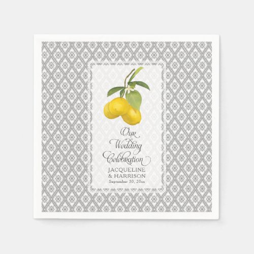 Lemon Citrus Flowers Yellow Gray White Wedding Napkins