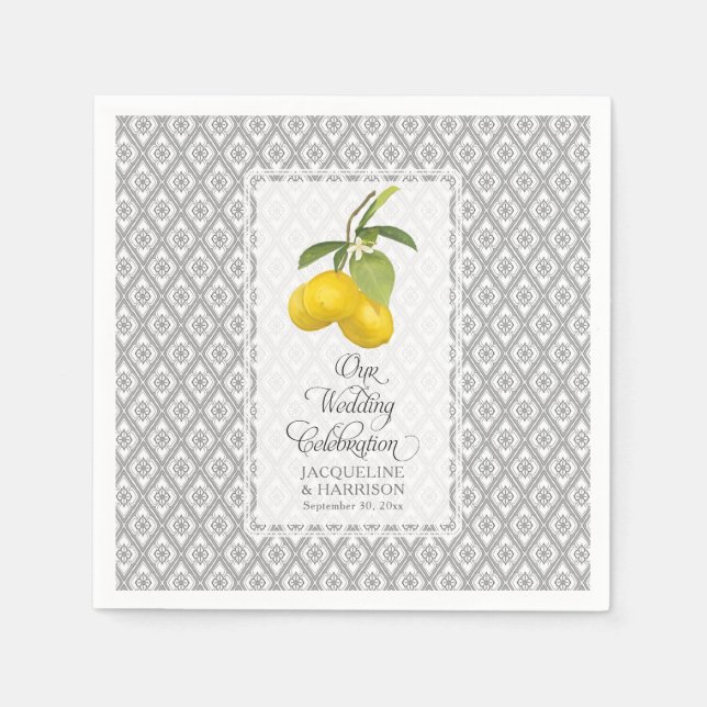 Lemon Citrus Flowers Yellow Gray White Wedding Napkins (Front)