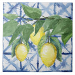 Lemon Citrus Foliage Blue White Pattern Watercolor Ceramic Tile<br><div class="desc">"Lemon Citrus Foliage Blue White Pattern Watercolor ceramic tile."  Modern,  original artwork in watercolor features lemons hanging on a branch with leaf foliage greenery over a blue and white Shibori tie dye pattern.  Created by internationally licensed artist and designer,  Audrey Jeanne Roberts,  copyright.</div>