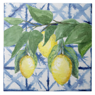 Lemon Citrus Foliage Blue White Pattern Watercolor Ceramic Tile