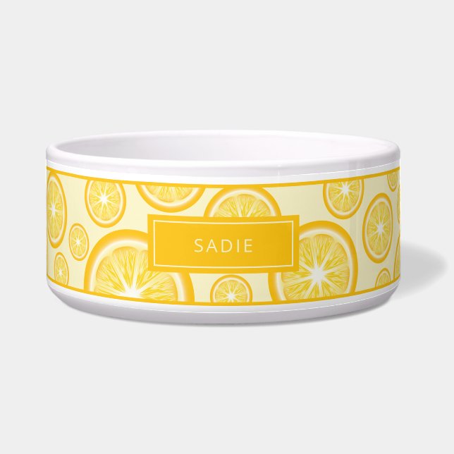 Lemon Citrus Fruit Pattern With Pet's Name Bowl (Front)