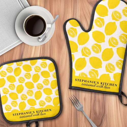 Lemon Citrus Fruit Pattern Yellow Personalized Oven Mitt &Amp;Amp; Pot Holder Set