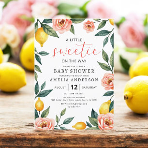 Lemon Citrus Fruit Pink Floral Summer Baby Shower Invitation