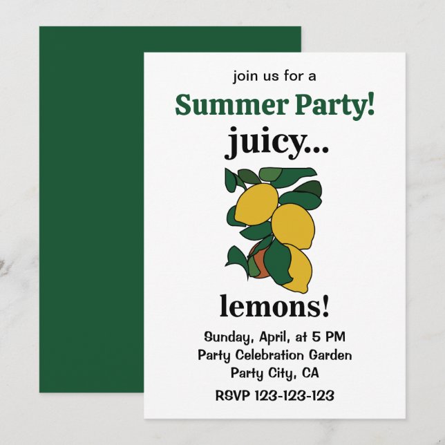 Lemon Citrus Fruit Summer Party Invitation (Front/Back)
