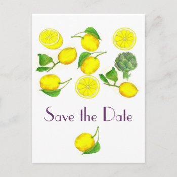 Lemon Citrus Fruit Watercolor Art Save The Date Announcement Postcard by CountryGarden at Zazzle