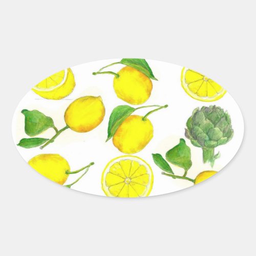 Lemon Citrus Fruit Watercolor Painting Art Oval Sticker