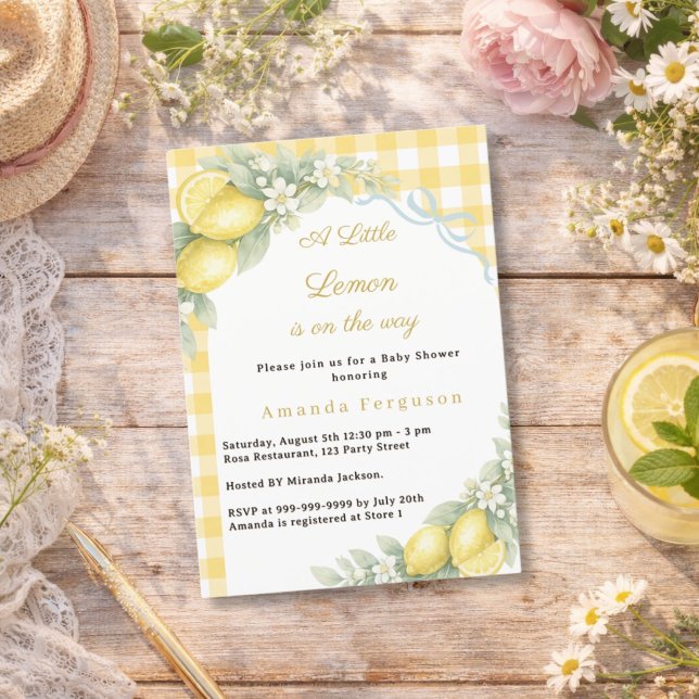 Lemon citrus gingham blue bow boy Baby Shower Invitation (Creator Uploaded)