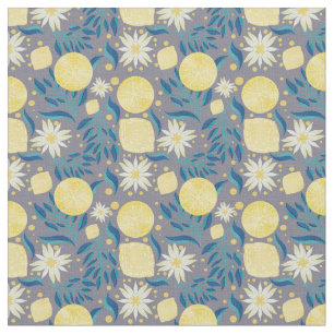 Lemon Citrus Gray Floral  Fabric