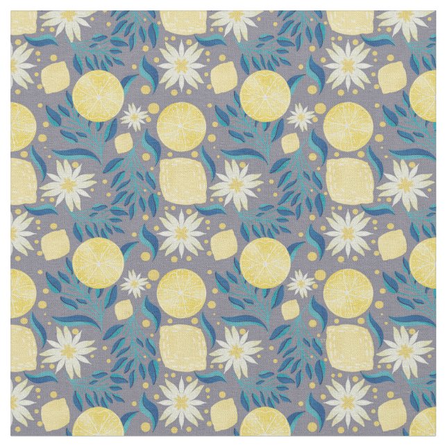 Lemon Citrus Gray Floral  Fabric (Close Up)