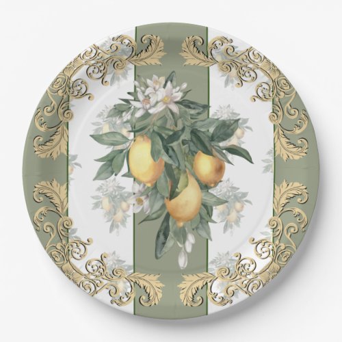 Lemon Citrus  Green  White Striped Elegant Paper Plates