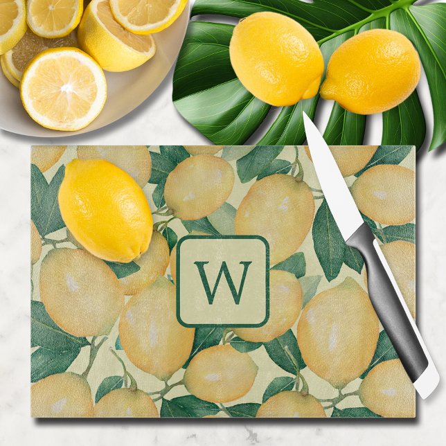 Lemon Citrus Greenery Monogrammed Cutting Board (Lemon Citrus Greenery Monogrammed Glass Cutting Board)