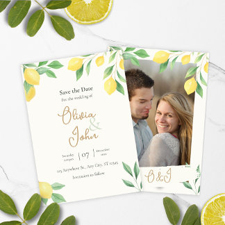 Lemon Citrus Greenery Save the Date Photo Back Invitation
