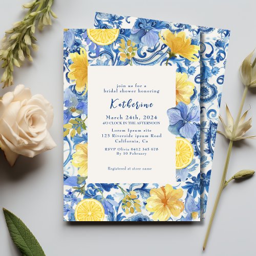 Lemon citrus italian blue bridal shower invitation