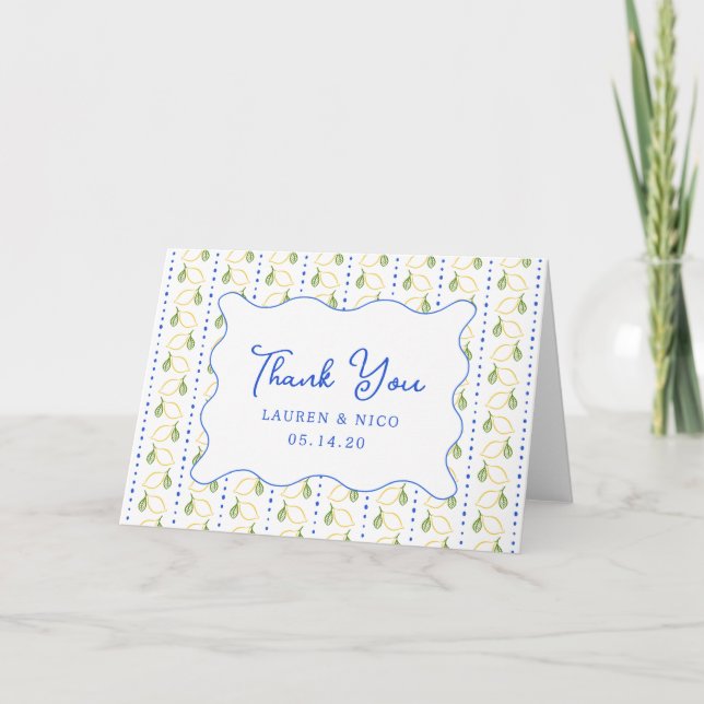 Lemon Citrus Italian Blue & Yellow Custom Wedding Thank You Card (Front)