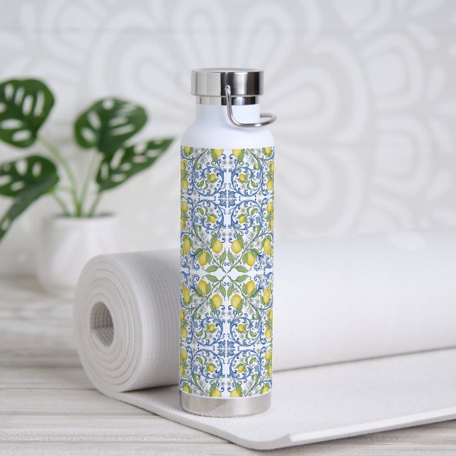 Lemon Citrus Italian Majolica Mediterranean Blue Water Bottle (Yoga)