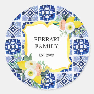 Lemon Citrus Italian Mediterranean Tiles Pattern Classic Round Sticker