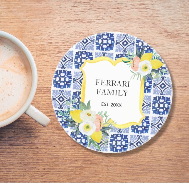 Lemon Citrus Italian Mediterranean Tiles Pattern Coaster (In situ)
