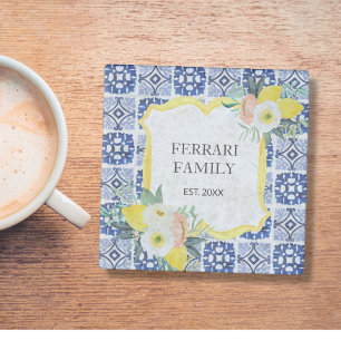 Lemon Citrus Italian Mediterranean Tiles Pattern Glass Coaster