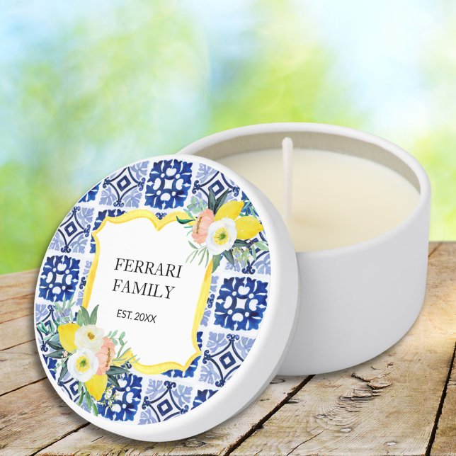 Lemon Citrus Italian Mediterranean Tiles Pattern Mini Candle Favors (In situ)
