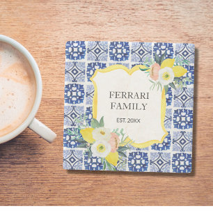 Lemon Citrus Italian Mediterranean Tiles Pattern Stone Coaster