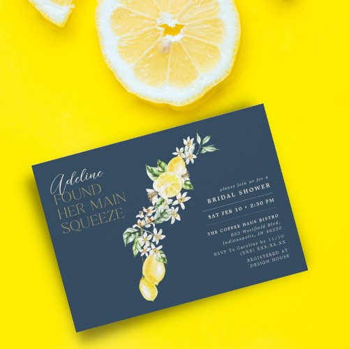Lemon Citrus Main Squeeze Blue Bridal Shower Invitation