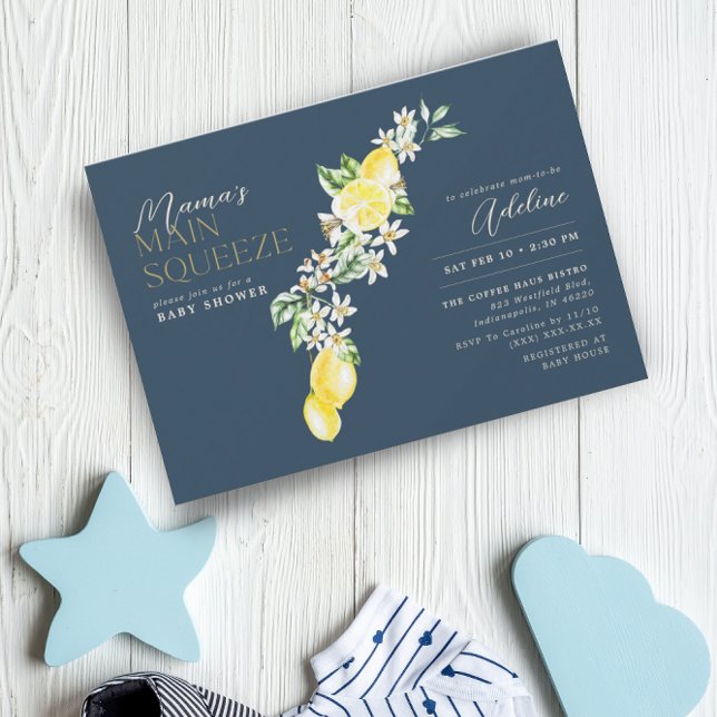 Lemon Citrus Mama's Main Squeeze Blue Baby Shower Invitation (Creator Uploaded)