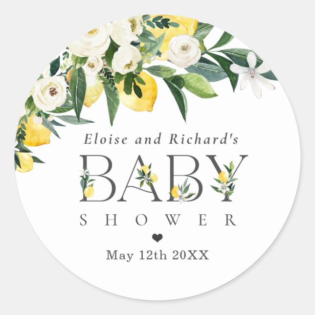 Lemon Citrus Mediterranean Baby Shower Favor Classic Round Sticker (Front)