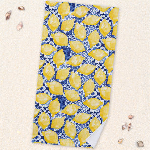 Lemon Citrus Mediterranean Blue White Tile Beach Towel