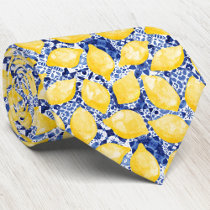 Lemon Citrus Mediterranean Blue White Tile Pattern Neck Tie
