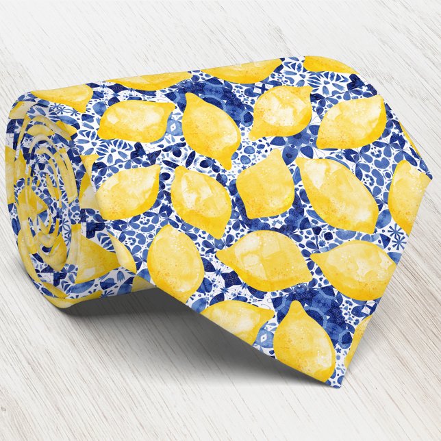 Lemon Citrus Mediterranean Blue White Tile Pattern Neck Tie (Mediterranean lemon citrus blue and white tile watercolor neck tie)
