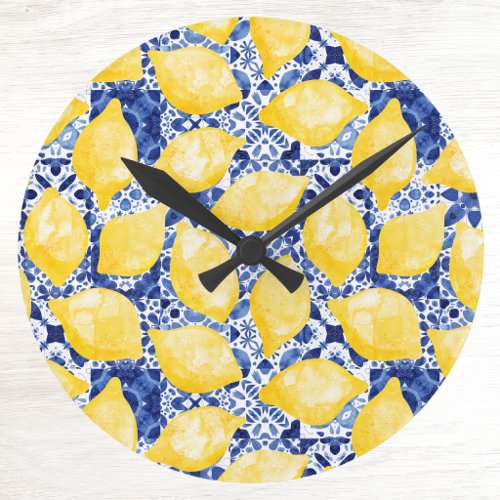 Lemon Citrus Mediterranean Blue White Tile Pattern Round Clock