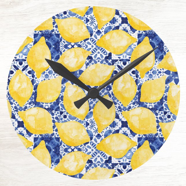 Lemon Citrus Mediterranean Blue White Tile Pattern Round Clock (Mediterranean citrus lemon blue tile pattern watercolor wall clock)