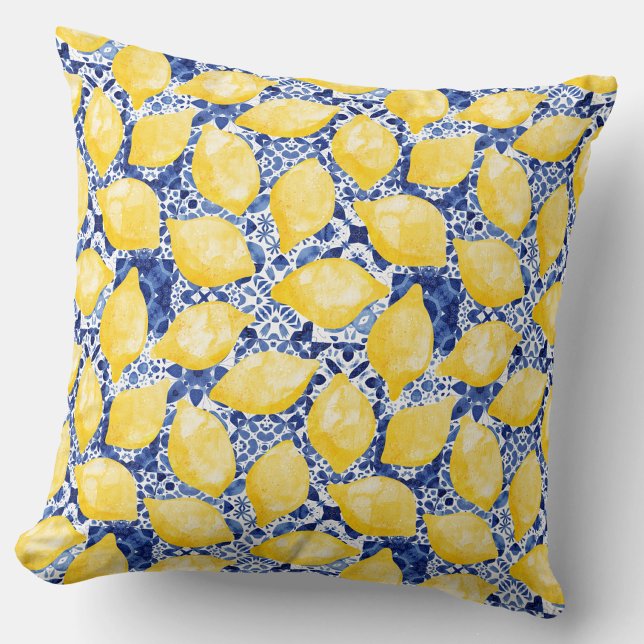 Lemon Citrus Mediterranean Blue White Tile Pattern Throw Pillow (Lemon and blue tile pattern Mediterranean citrus throw pillow)