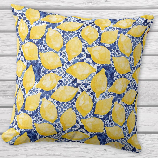Lemon Citrus Mediterranean Blue White Tile Pattern Throw Pillow (Lemon and blue tile pattern Mediterranean citrus throw pillow)