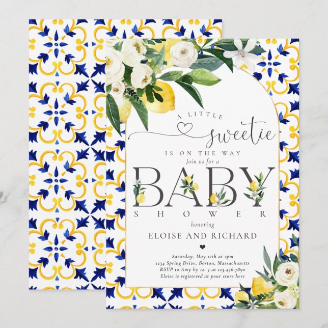 Lemon Citrus Mediterranean Botanical Baby Shower Invitation (Front/Back)