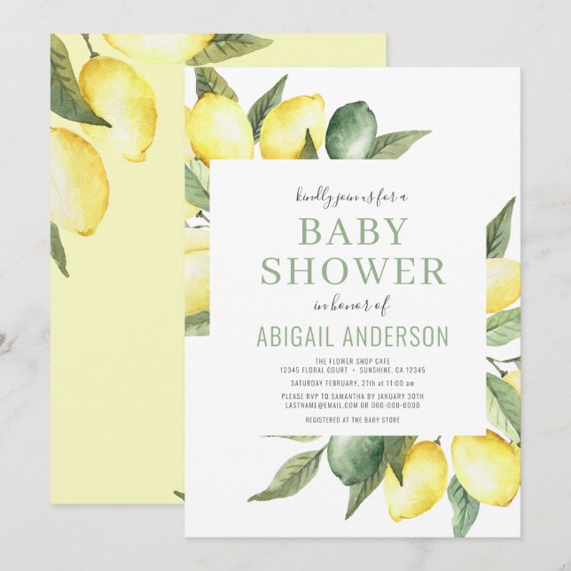 Lemon Citrus Modern Watercolor Baby Shower   Invitation (Front/Back)