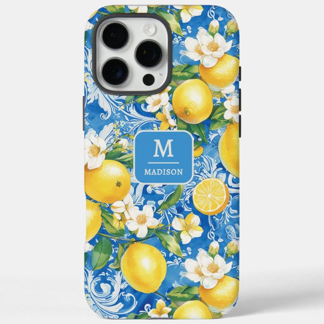 Lemon Citrus Monogram Name Blue Yellow Floral Case-Mate iPhone Case (Back)