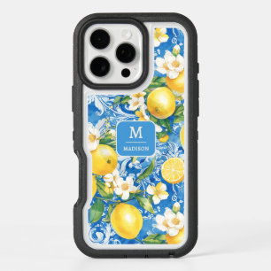 Lemon Citrus Monogram Name Blue Yellow Floral iPhone 16 Pro Max Case