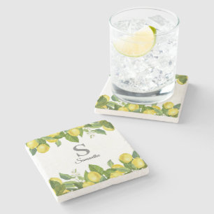 Lemon Citrus Monogram Name  Stone Coaster