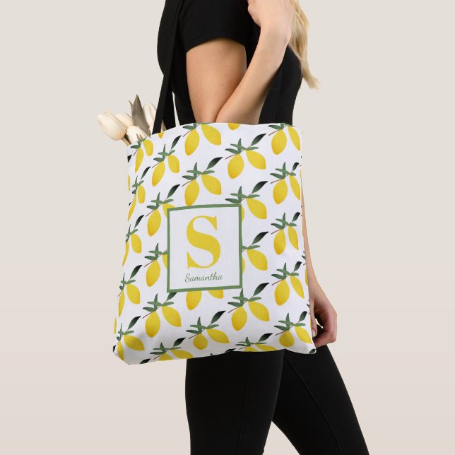 Lemon Citrus Monogram Name Tote Bag (Close Up)