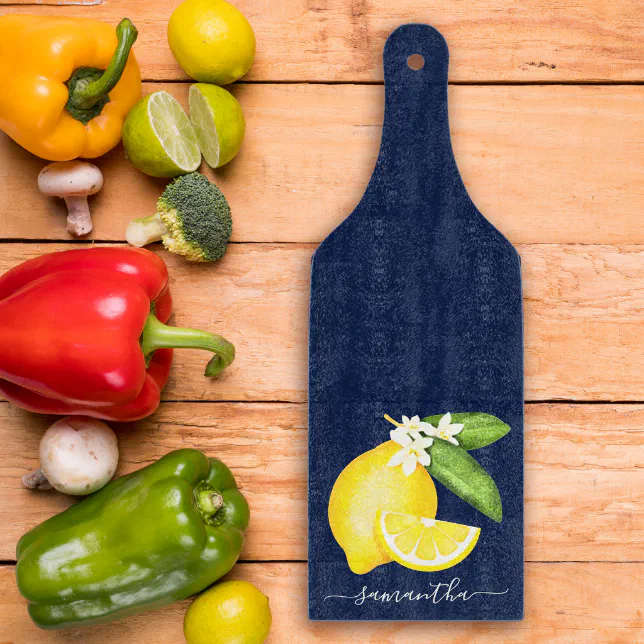 Discover Lemon Citrus Monogram Navy Blue Cutting Board