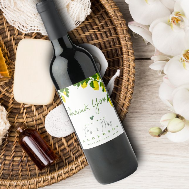 Lemon Citrus Mr and Mrs Personalized Wedding Favor Wine Label (Creator Uploaded)