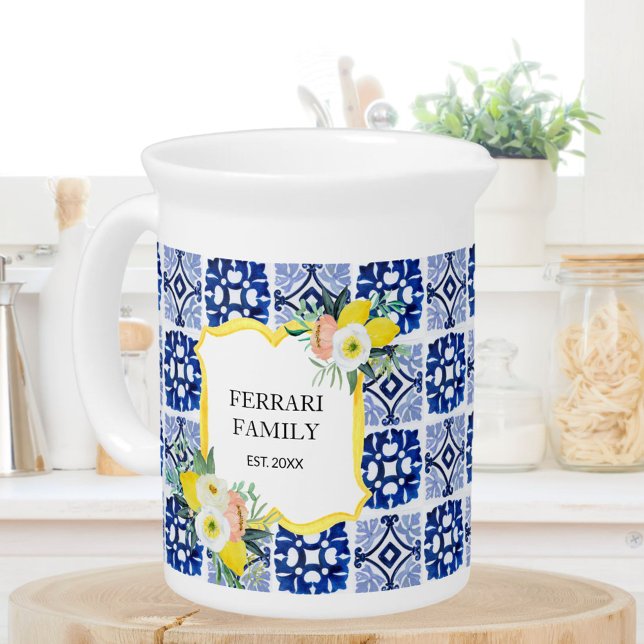 Lemon Citrus Navy Blue Italian Mediterranean Beverage Pitcher (In situ)