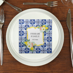 Lemon Citrus Navy Blue Italian Mediterranean Cloth Napkin