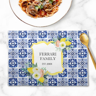 Lemon Citrus Navy Blue Italian Mediterranean Cloth Placemat