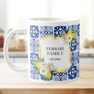 Lemon Citrus Navy Blue Italian Mediterranean Giant Coffee Mug